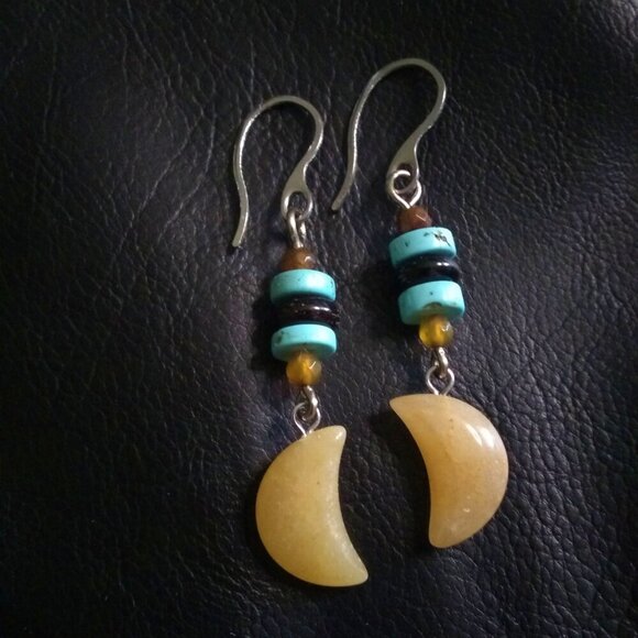 Southwestern & Boho Vibes! Long Moon Danglers! Aventurine Howlite + Agate Beads - Picture 1 of 12